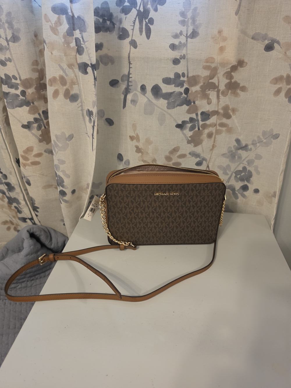 Michael Kors Brown Logo Crossbody with Gold Chain Trim NW T